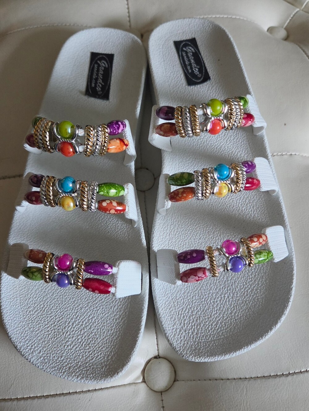 Grandco Multi-Color Beaded White Slides Sandals Size 11 Read Description